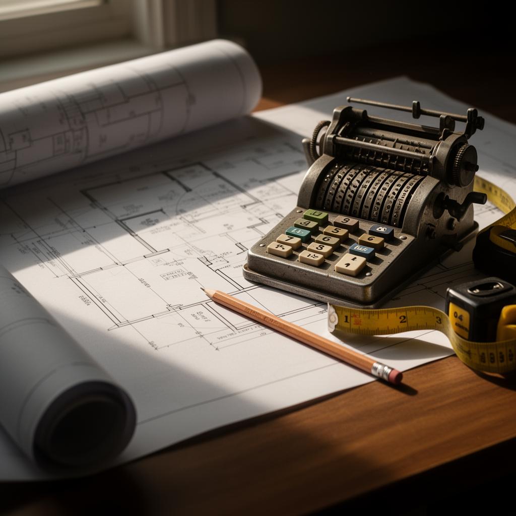 Architectural blueprints with a vintage calculator and measuring tape